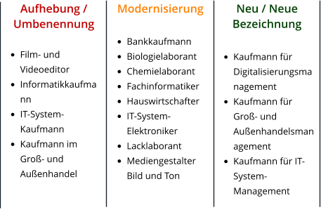 Aufhebung / Umbenennung  •	Film- und Videoeditor •	Informatikkaufmann •	IT-System-Kaufmann •	Kaufmann im Groß- und Außenhandel     Modernisierung  •	Bankkaufmann •	Biologielaborant •	Chemielaborant •	Fachinformatiker •	Hauswirtschafter •	IT-System-Elektroniker •	Lacklaborant •	Mediengestalter Bild und Ton       Neu / Neue Bezeichnung  •	Kaufmann für Digitalisierungsmanagement •	Kaufmann für Groß- und Außenhandelsmanagement •	Kaufmann für IT-System-Management